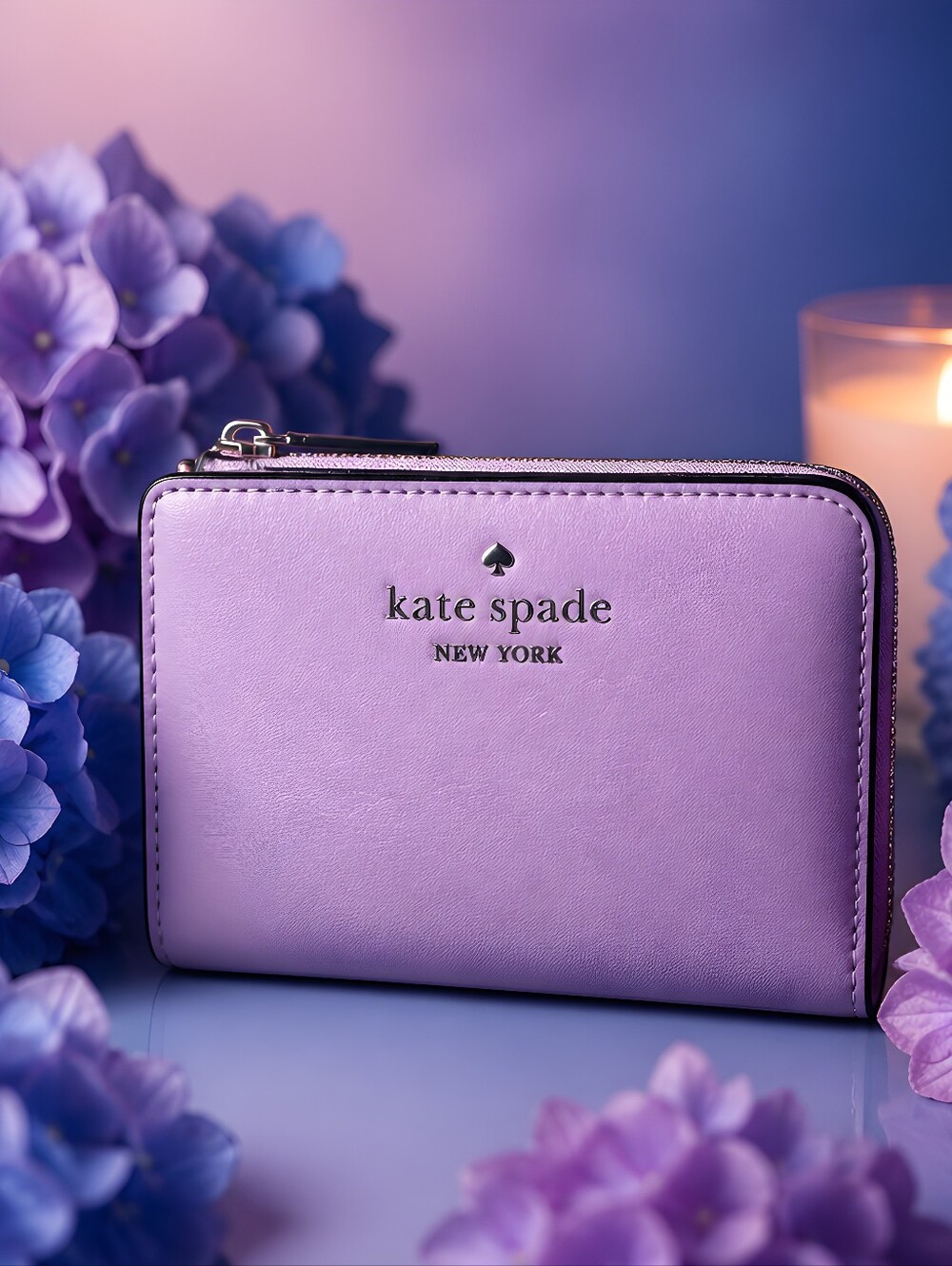 Kate Spade Lavender Fog Smooth Leather Small L-Zip Bifold Wallet K0180 NEW